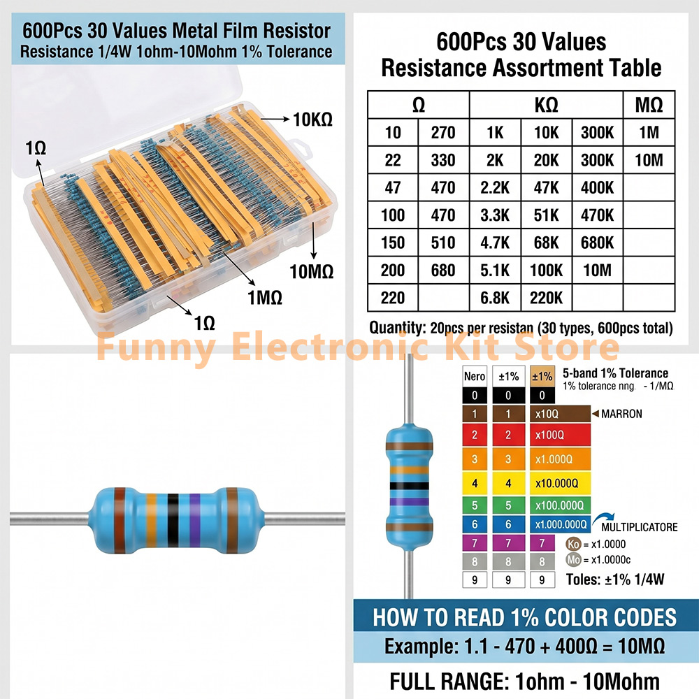 600 Pcs Assorted Metal Film Re - Resistor Kit 1 4W บทวิจารณ์และราคา